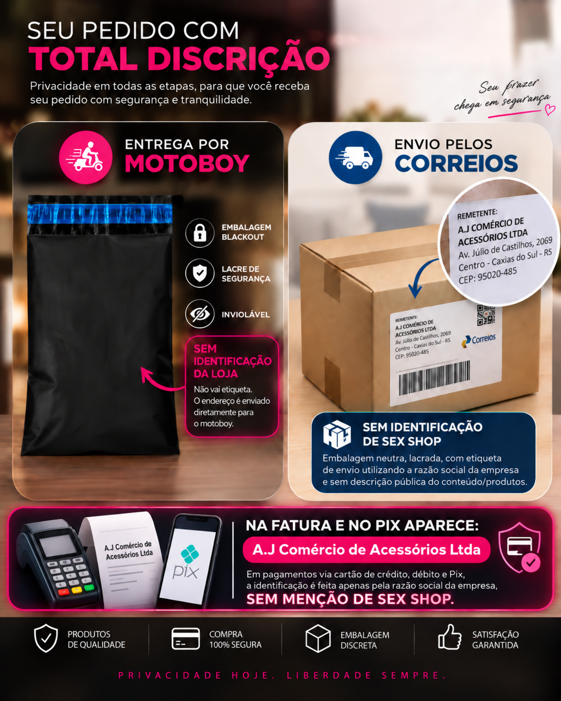 Embalagem discreta da Fréya para compras de produtos íntimos por motoboy e Correios